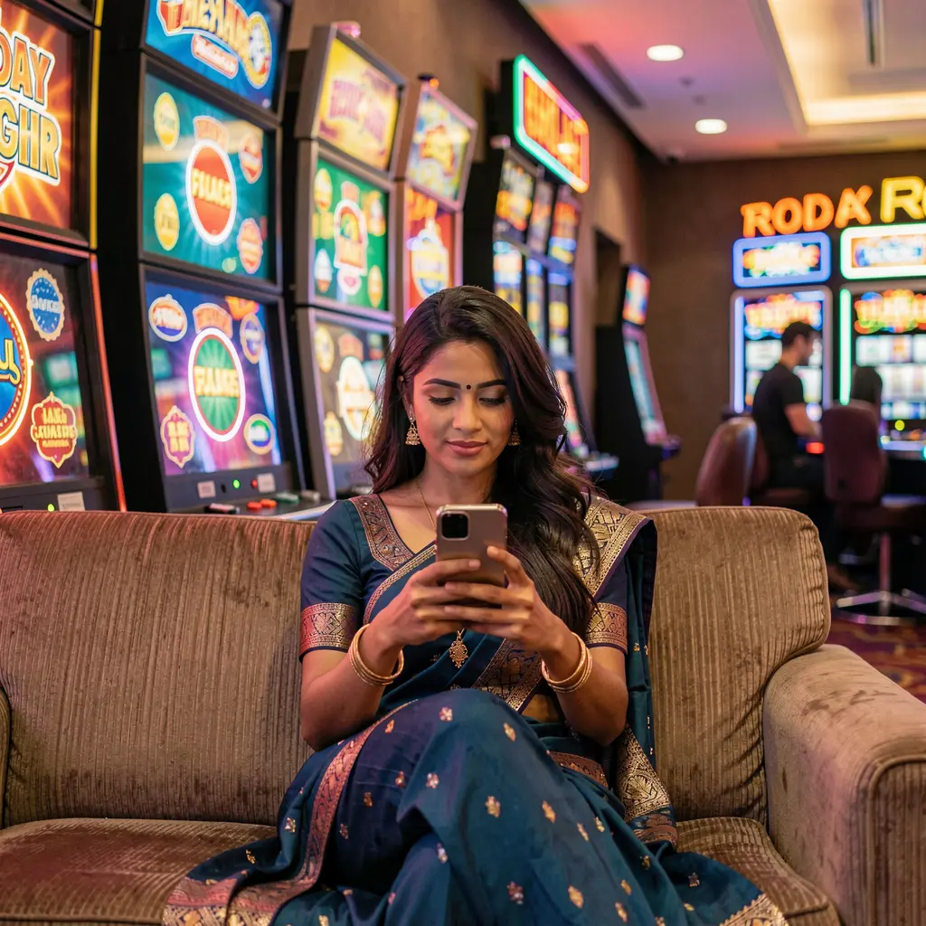 Confident Bangladeshi woman relaxing on a sofa while using the XE66 casino app surrounded by glowing neon casino symbols