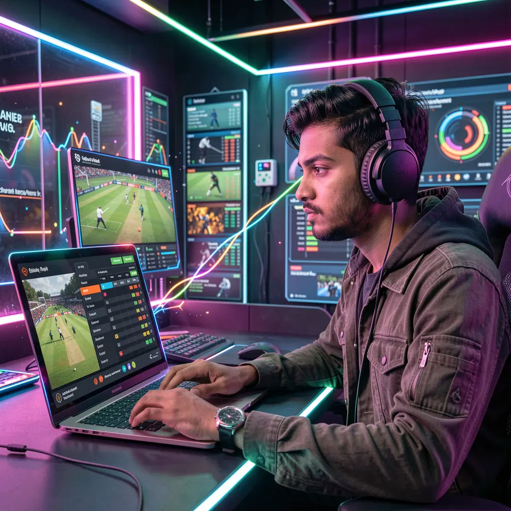 Focused Bangladeshi player placing live cricket bets on a laptop with vibrant neon visuals using the XE66 betting platform