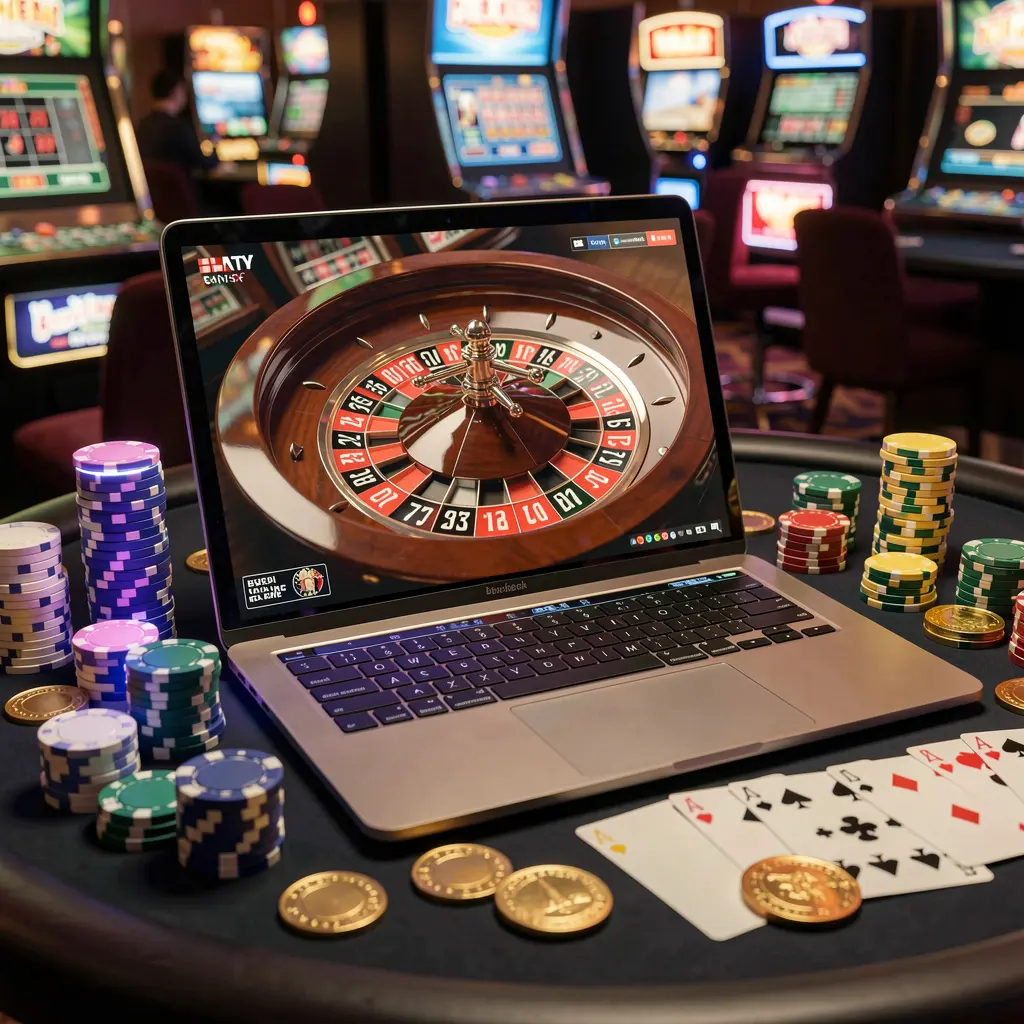 Stylish laptop showing a live roulette wheel with stacked casino chips highlighting the premium online casino experience offered by XE66 in Bangladesh