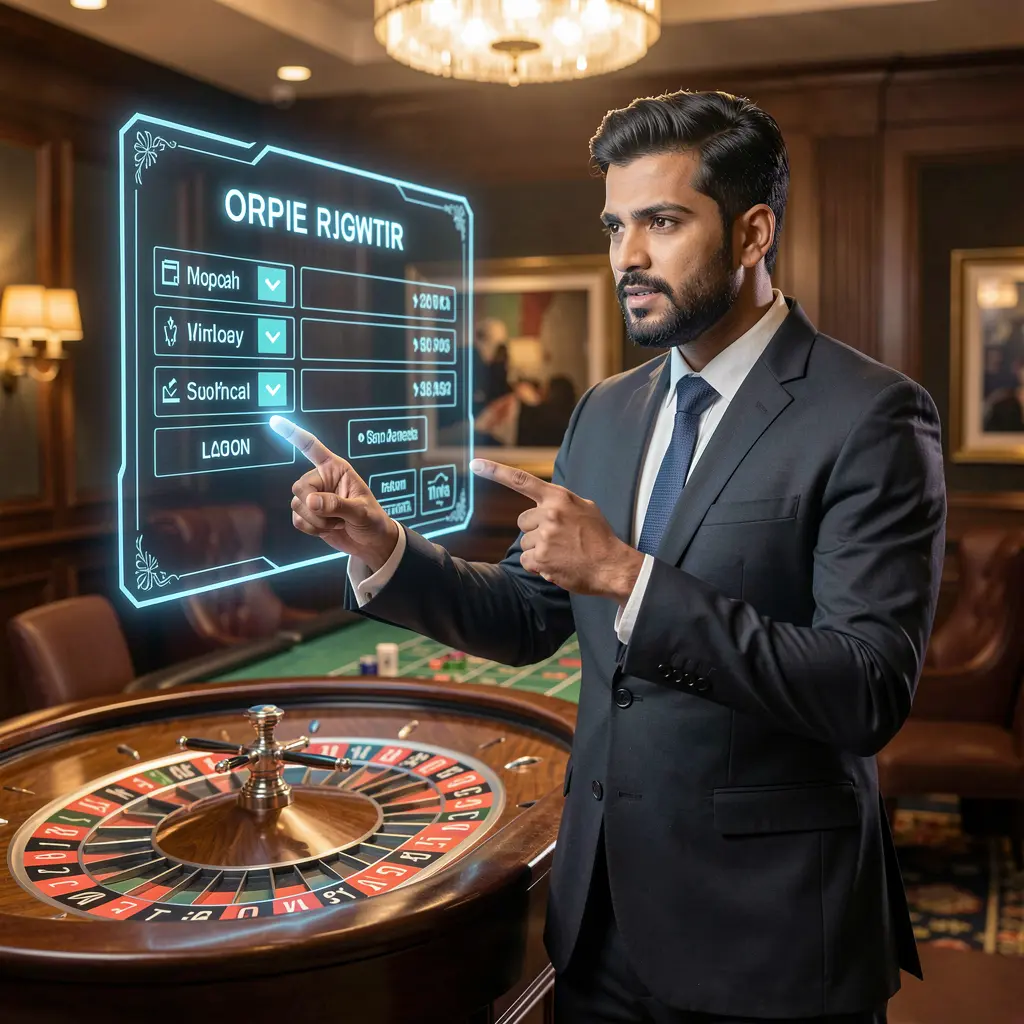 Professional XE66 dealer pointing at a futuristic holographic login panel with a glowing roulette table behind him symbolizing secure access in Bangladesh